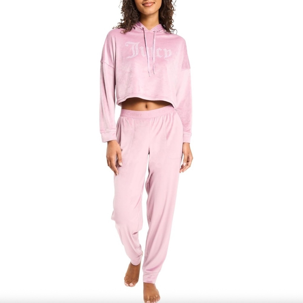 Juicy Couture 2 Piece Matching Velvet Hoodie and Pant Pajama Set